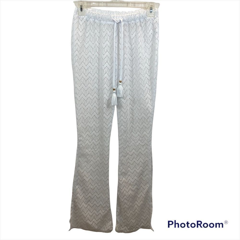 Miken Swim White Lace Open Knit Swim Cover Up Pants with Split Leg Size XS